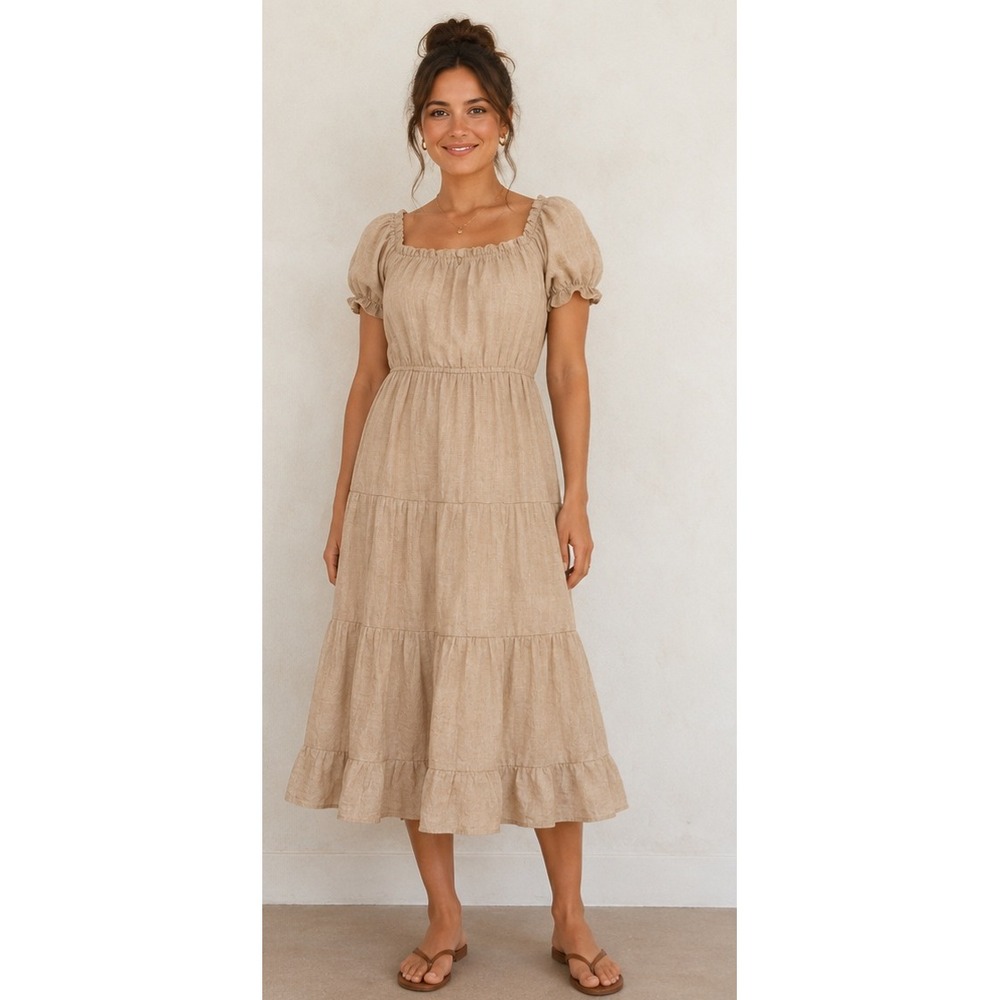 Indigo Rose Womens Linen Blend Puff Sleeve Tiered Midi Dress Cottagecore Boho